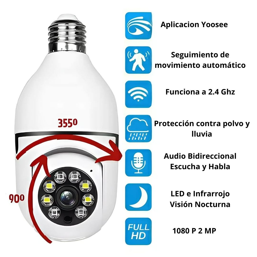Foco Cámara Doble Lente Seguridad WIFI